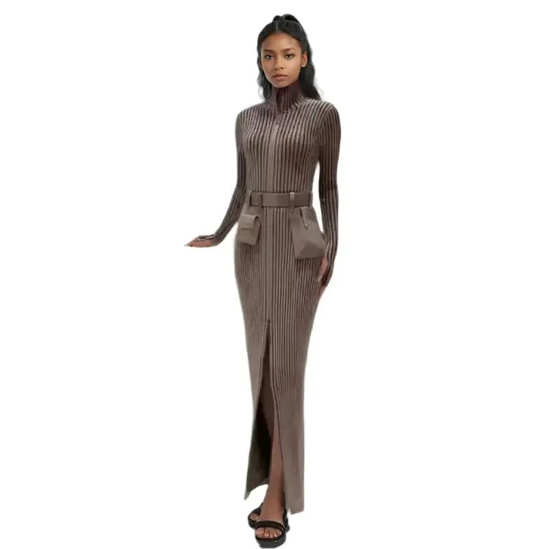 Women's Striped Knit Long Dress – Stand Collar & Belted Bag Detail - HalleBeauty